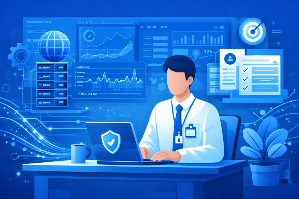 Homem trabalhando em ambiente tecnológico.