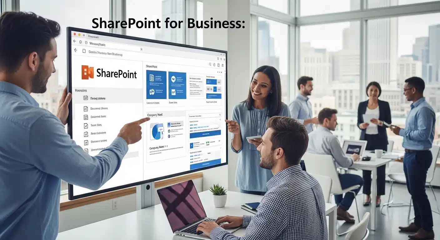 Pessoas interagindo com tecnologia empresarial.