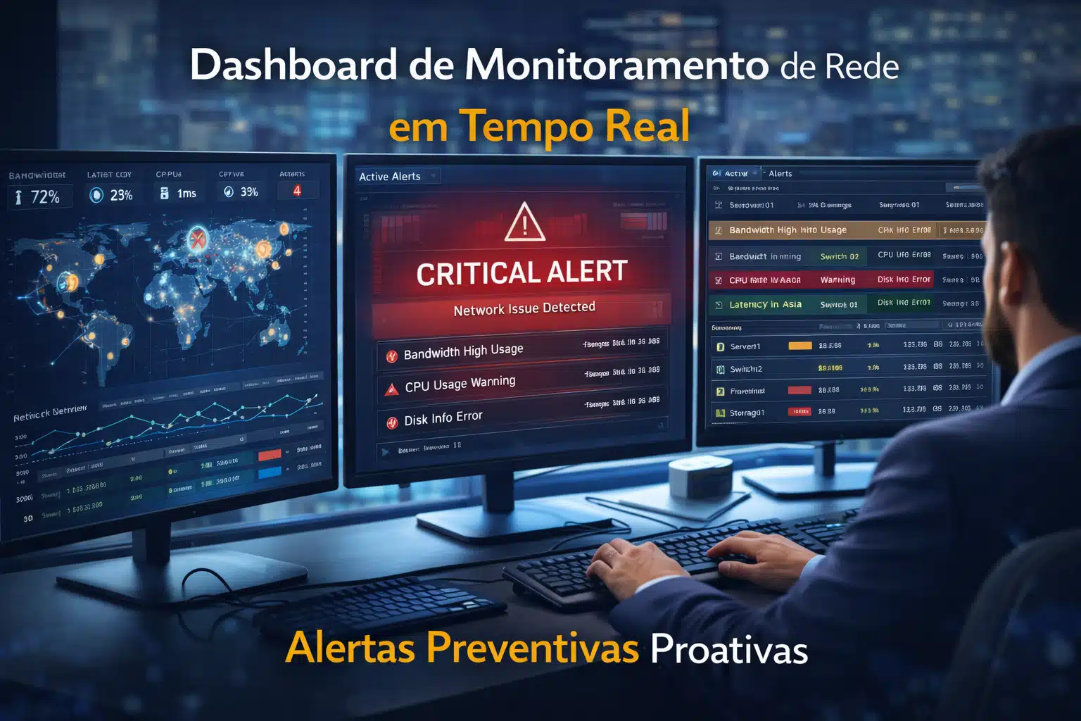 Dashboard de monitoramento de rede empresarial mostrando métricas em tempo real